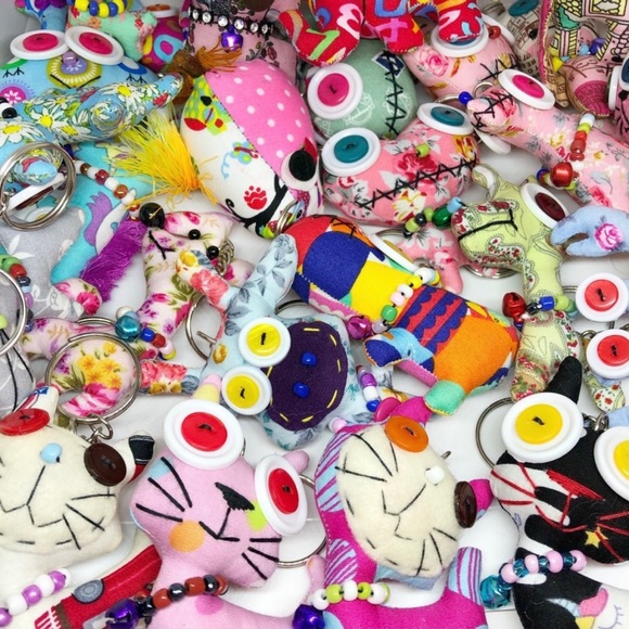 Handmade Gray Floral Big Head Kitty Cat Keychain Purse Charm - Picture 5 of 5